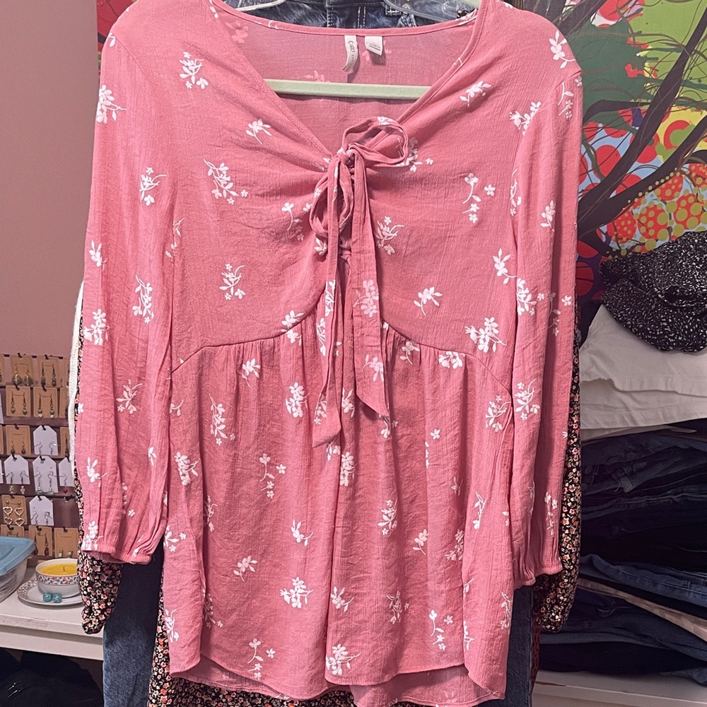 Cato Dusty Rose Floral Tie-Front Tunic
